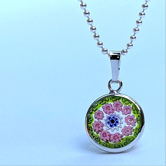 Italian Artisan Handcrafted Murano Millefiori Glass Pendant • Pink • Green - Picture 2 of 10